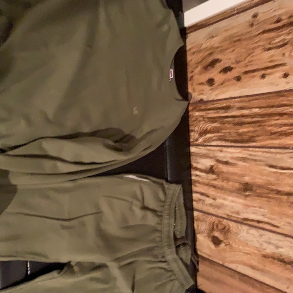 Green champion sweatpants outfit crewneck